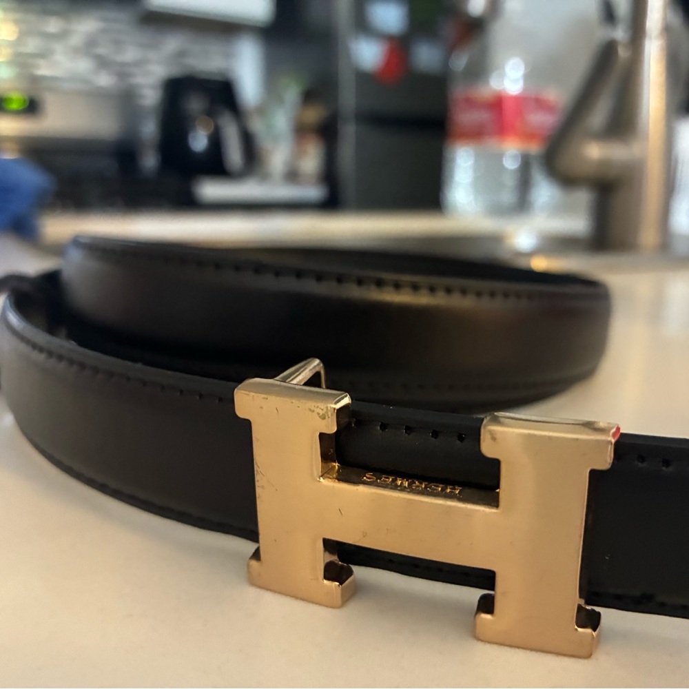 Black Leather Belt with Gold H Buckle